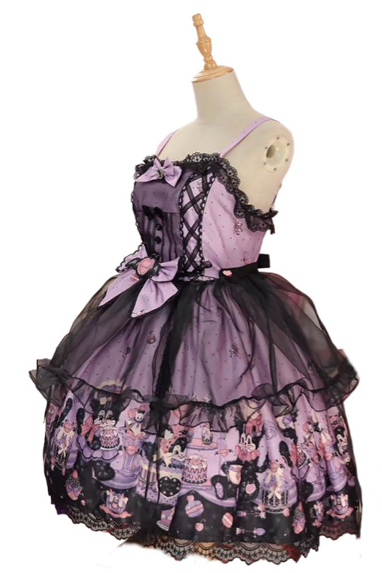 Purple [Devil Cat] Print Ruffle Bowknot Lace Gothic Lolita Jsk Dress (Plus Size Support)
