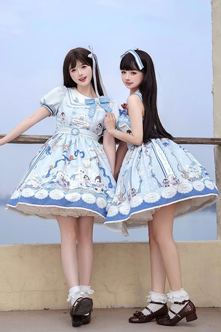 Blue [Penguin Navy] Short Sleeves Print Ruffle Bowknot Sweet Princess Lolita Dress