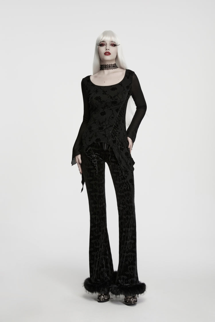 Black Round Collar Long Sleeves Jacquard Lace-Up Asymmetric Women's Gothic Elegant Top