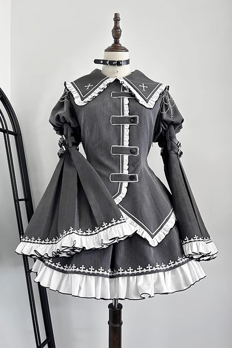 Grey Long Hime Sleeves Ruffle Embroidery Buckle Gothic Japanese Lolita Skirt Set