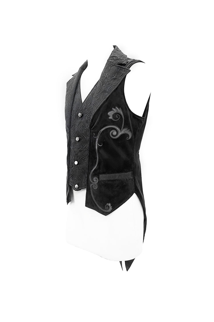 Black Fake Two Piece Leather Embroidered Swallow Tail Hem Men's Gothic Waistcoat