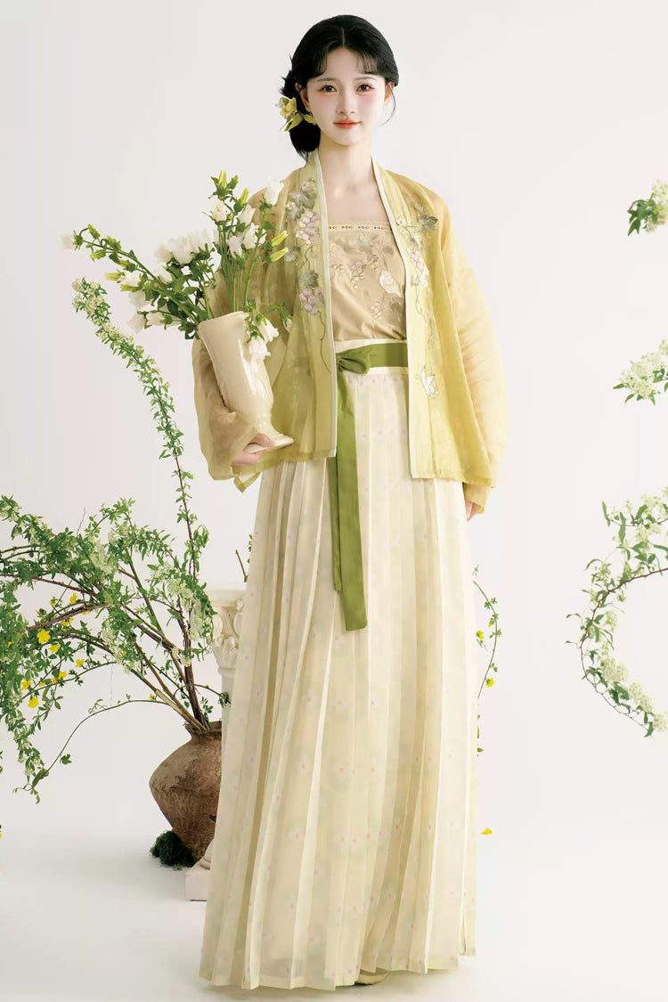 Ensemble Hanfu doux pour femmes, vert clair/abricot [Grape Garden], manches longues, taille haute, imprimé brodé