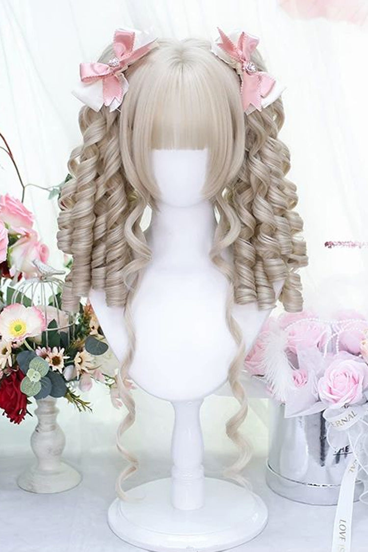 Gebleichtes, walnussblondes, süßes Lolita-Perückenset mit römischen Locken und Zöpfen