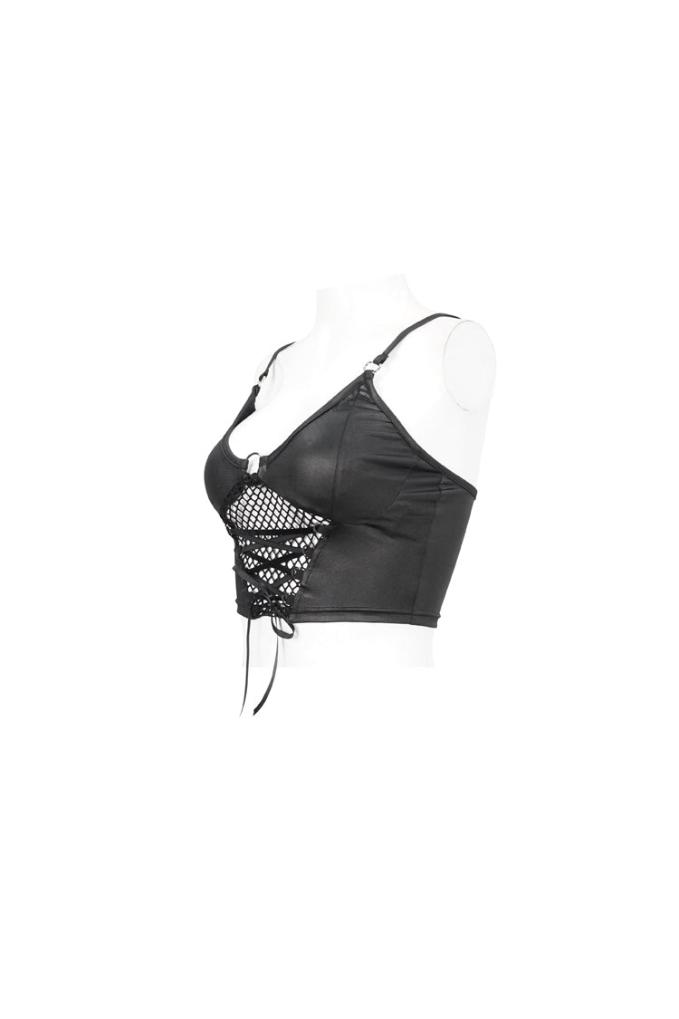 Black Knit Panel Mesh Metal Buckle Rope Adjustable Women's Gothic Camisole