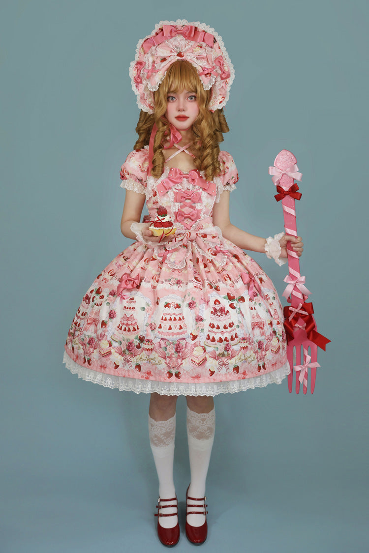 [Strawberry Cake Bouquet] Print Square Collar Short Sleeves Bowknot Lace Sweet Lolita Dress 3 Colors