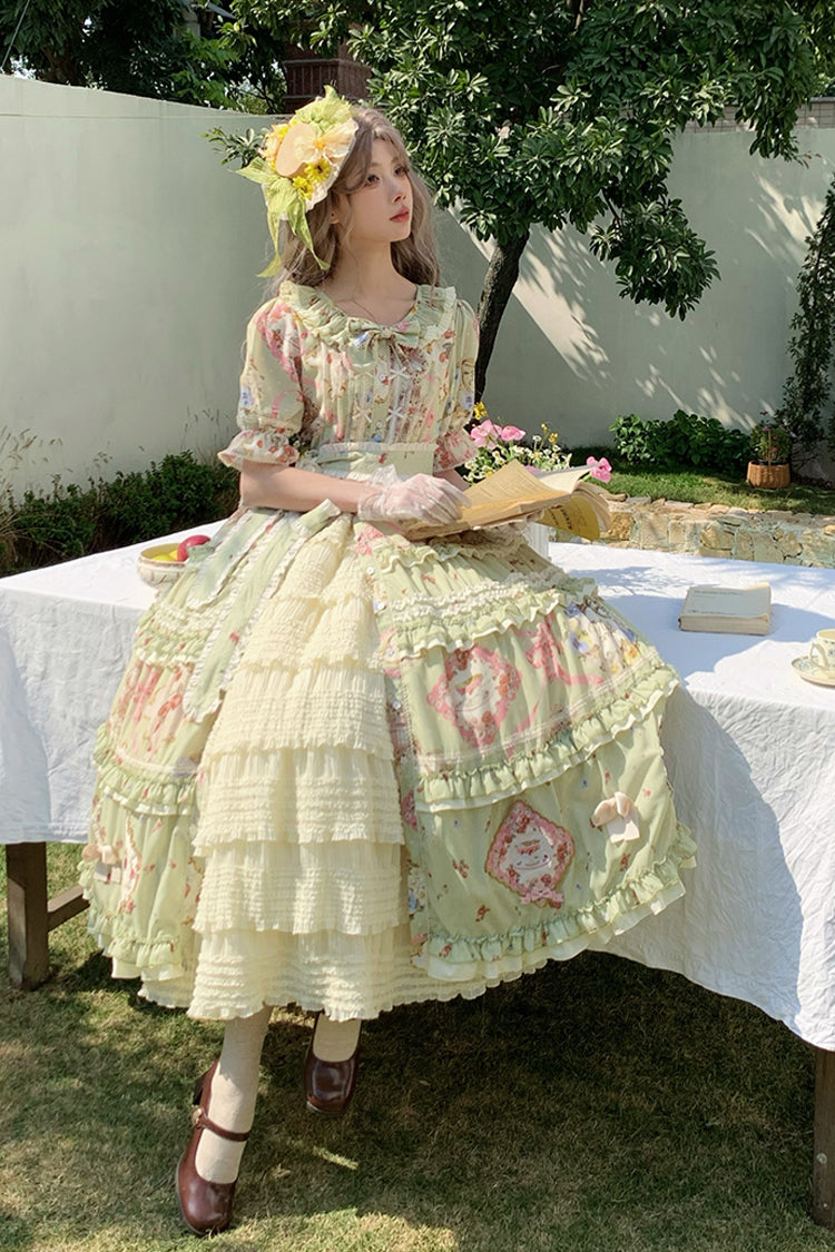 Robe Lolita douce et magnifique à manches courtes avec imprimé à volants et nœud papillon [Thé de Rose Chat Vert] 
