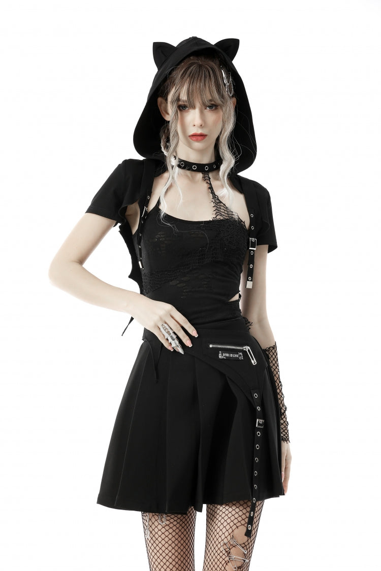 Cape courte à capuche noire à manches courtes avec boucle et oreilles de chat pour femme