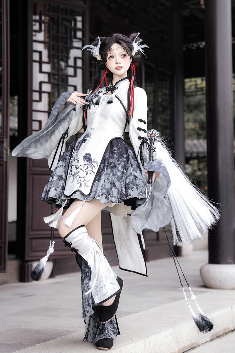 ブラック/ホワイト [カササギの羽] スタンドカラー ショーティー ハイウエスト プリント 刺繍 レディース クラシック 漢服 ドレス セット