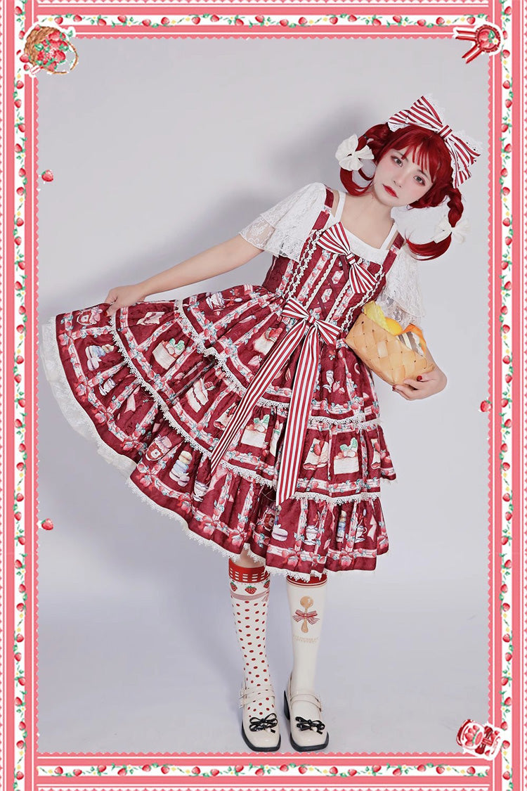Strawberry Afternoon Tea Cake Ice Cream Print Bowknot Sleeveless Sweet Lolita Tiered Dress 3 Colors