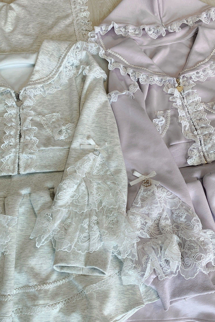 Grey [Heartbeat Rhythm] Long Sleeves Ruffle Lace Hooded Jirai Kei Japanese Skirt Set
