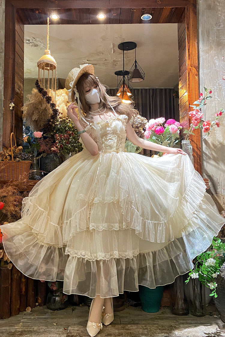 Aprikose [Mondscheinsonate] Rüschenstrickjacke mit Schleife und Spitze, süßes Vintage-Lolita-Jsk-Kleid