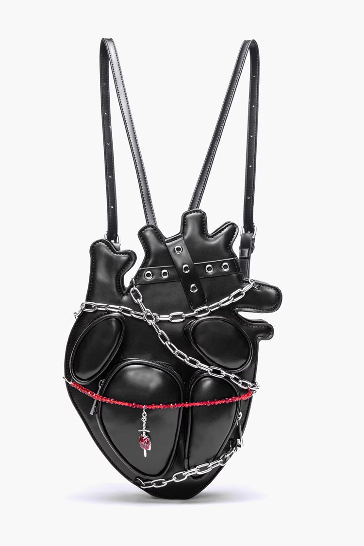 ブラック クリエイティブ ハート チェーン装飾ゴシック ロリータ バックパック、バインディング ストラップとチェーン付き