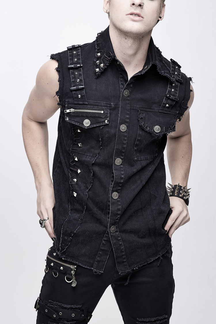 Black Faded Shoulder Bullet Clip Rivet Men's Punk Waistcoat