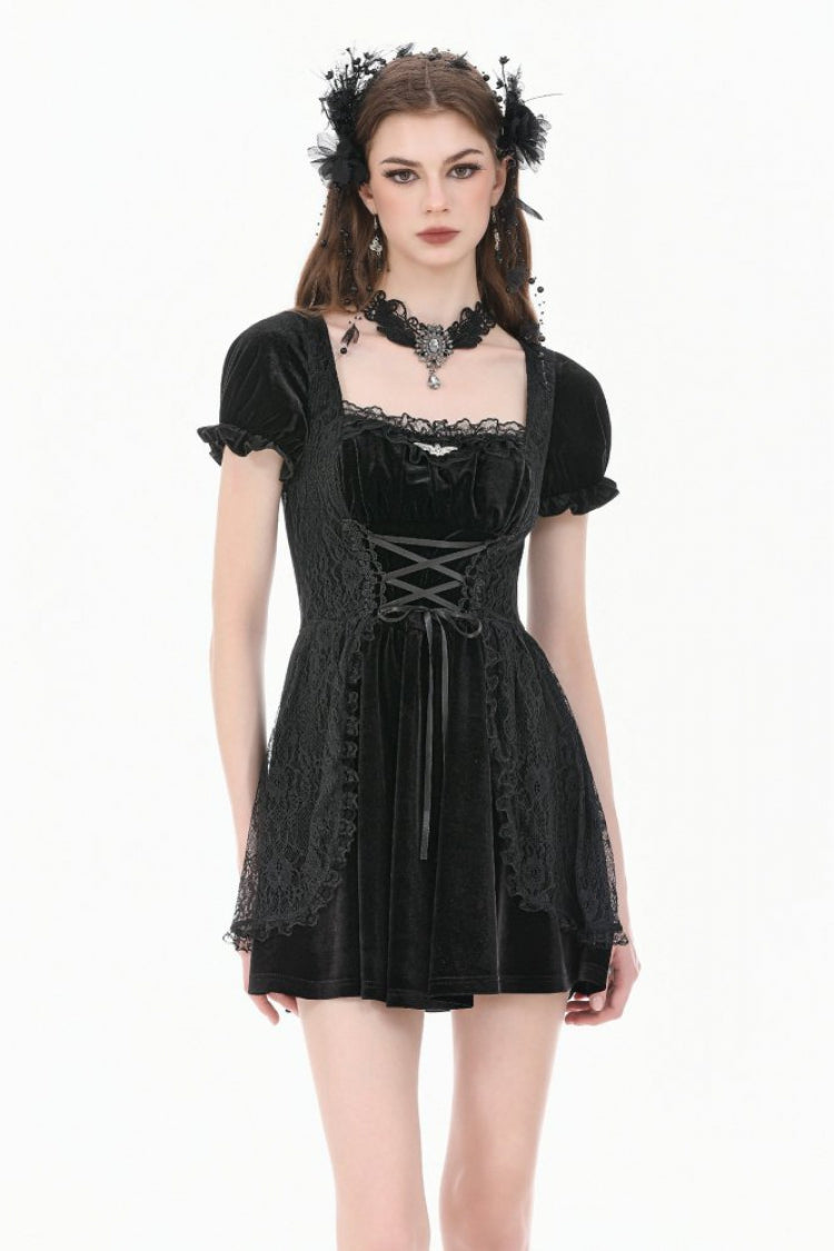Black Square-Cut Collar Short Puff Sleeves Lace Patchwork Velvet Lace-Up Women's Gothic Vintage Dress