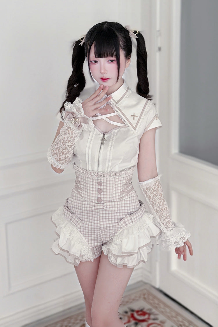 Jirai Kei Reverskragen, kurze Ärmel, bedruckte, gerüschte, ausgeschnittene Spitze, süßes japanisches Ritter-Shorts-Set, 2 Farben