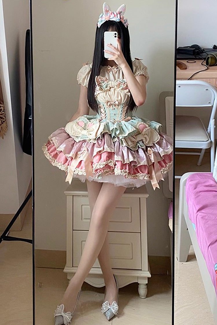 [Ribbon Dance] Multi-Layered Ruffle Bowknot Lace-Up Sweet Princess Lolita Dress 3 Colors