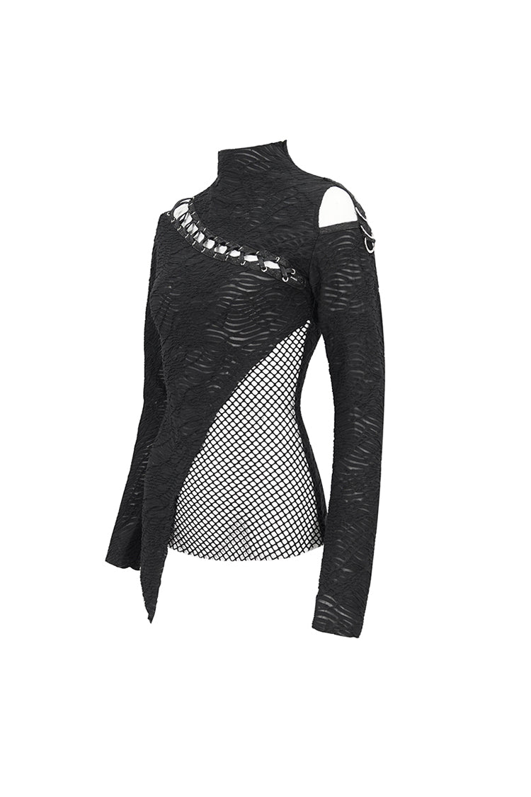 Schwarzes Gothic-Shirt mit Riemchen und Cutout aus Netzstoff für Damen