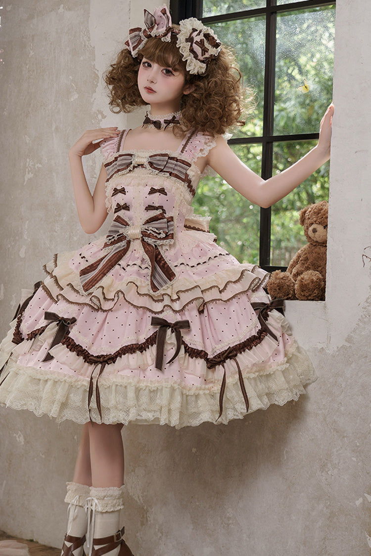 Pink [Shengqiao Tata] Sleeveless Print Ruffle Bowknot Lace-Up Sweet Elegant Lolita Jsk Dress