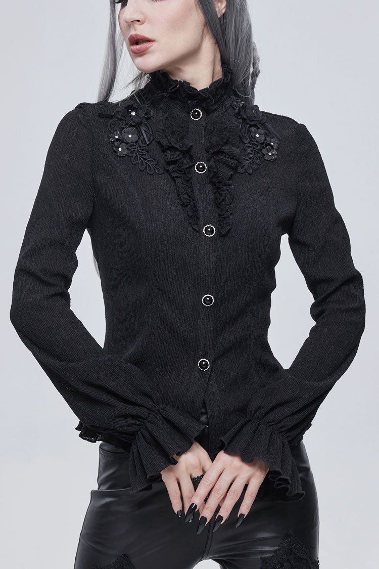 Black Lace High Neck Three Dimensional Embroidered Lantern Trumpet Sleeves Women's Gothic Shirt