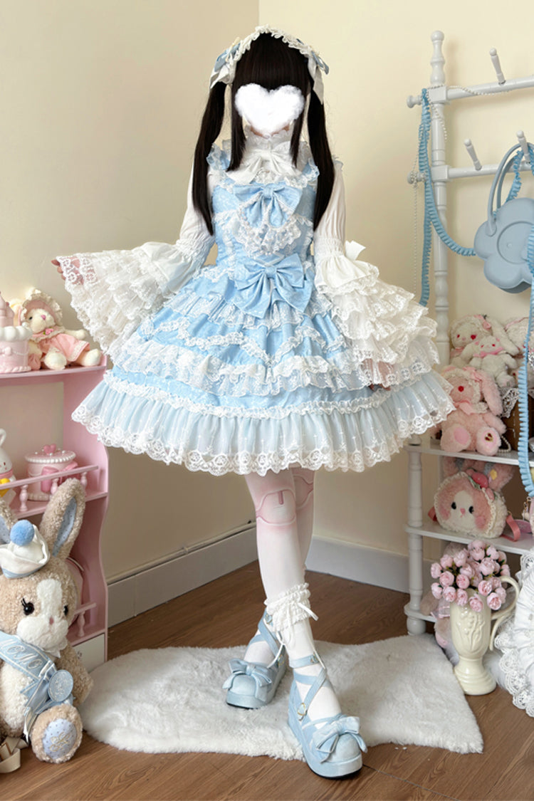 Blue [Love and Heart Flutter] Sleeveless Multi-Layered Ruffle Bowknot Lace Pearl Sweet Lolita Jsk Dress