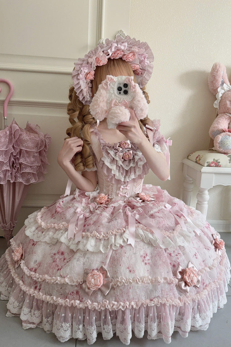 Pink [Rose Manor] Short Puff Sleeves Ruffle Bowknot Lace Sweet Japanese Princess Lolita Dress
