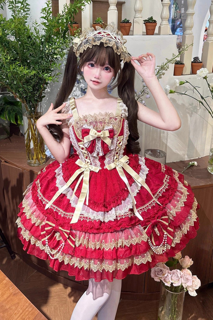 Red [Gilded Memories] Sleeveless Double-Layered Ruffle Hot Stamping Bowknot Lace Sweet Lolita Jsk Dress