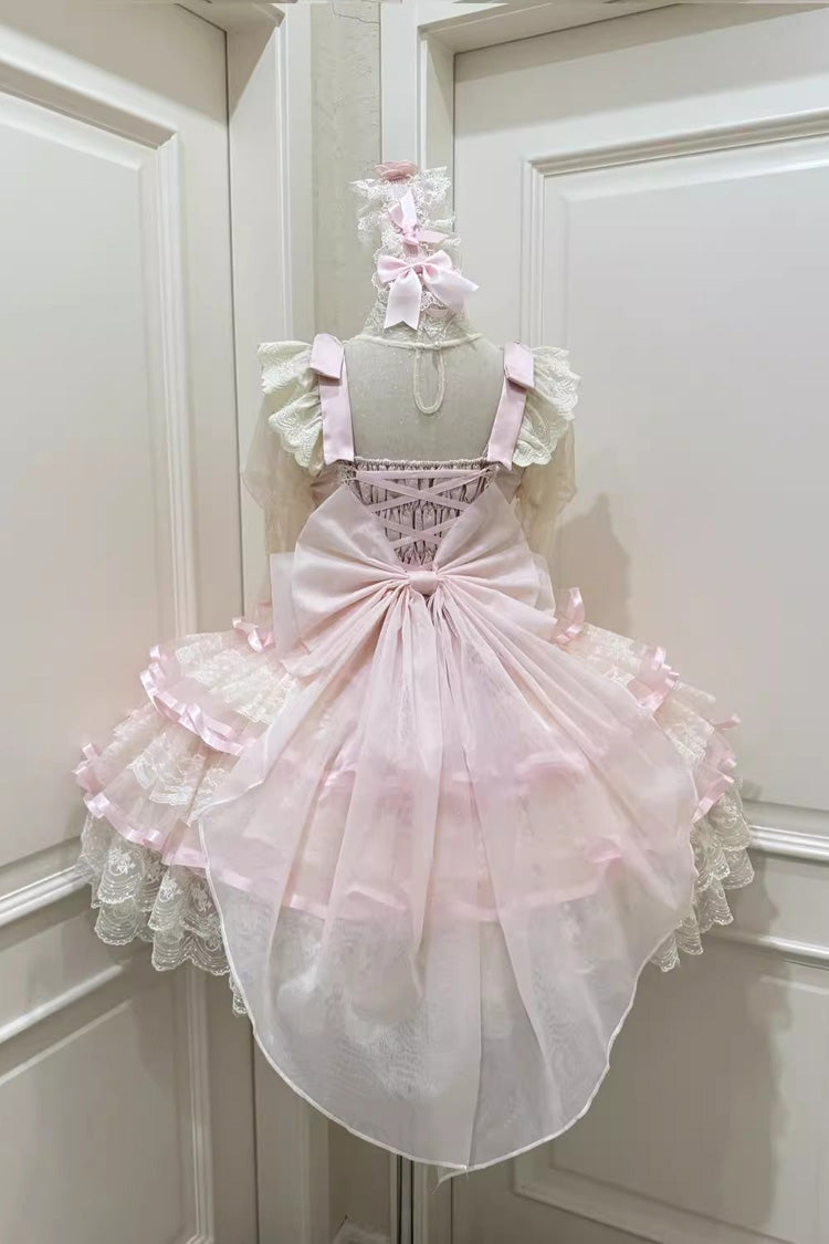 Pink [Rose Feather Waltz] Sleeveless Triple-Layered Ruffle Bowknot Lace Sweet Ballet Lolita Jsk Dress