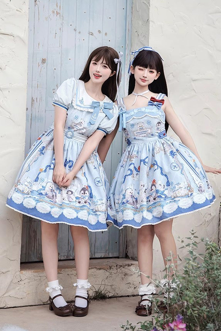 Blue [Penguin Navy] Short Sleeves Print Ruffle Bowknot Sweet Princess Lolita Dress