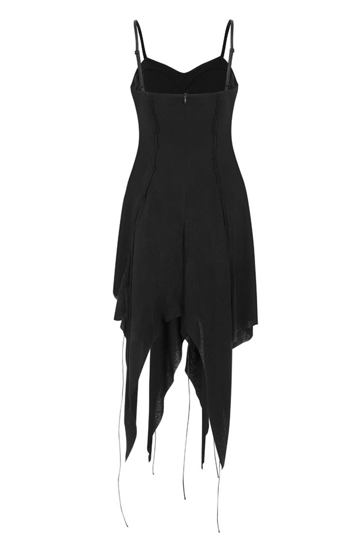 Black Leather Shoulder Strap Irregular Sharp Corner Hem Women's Gothic Sling Dress