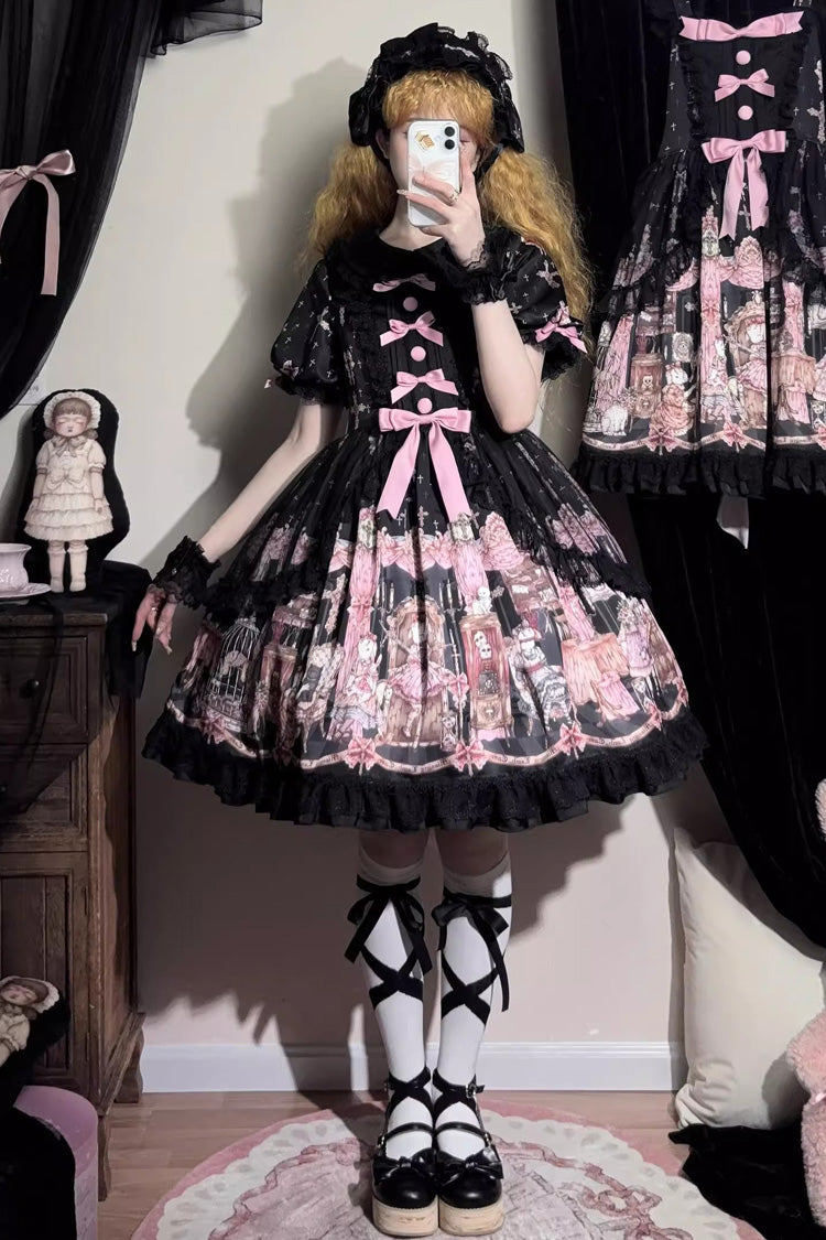 Noir [Le Cas de l'Agneau Disparu] Imprimé Manches Longues Volants Nœud Papillon Dentelle Robe Gothic Lolita 
