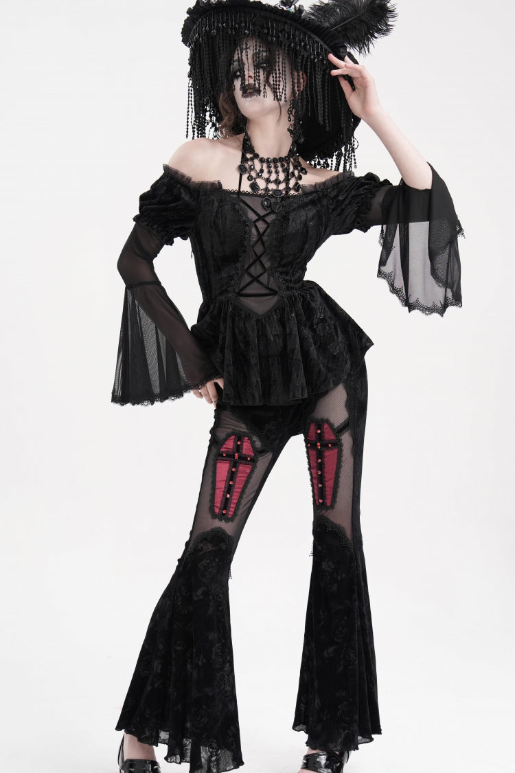 Black Halterneck Long Sleeves Hollow Lace-Up Mesh Women's Gothic Blouse