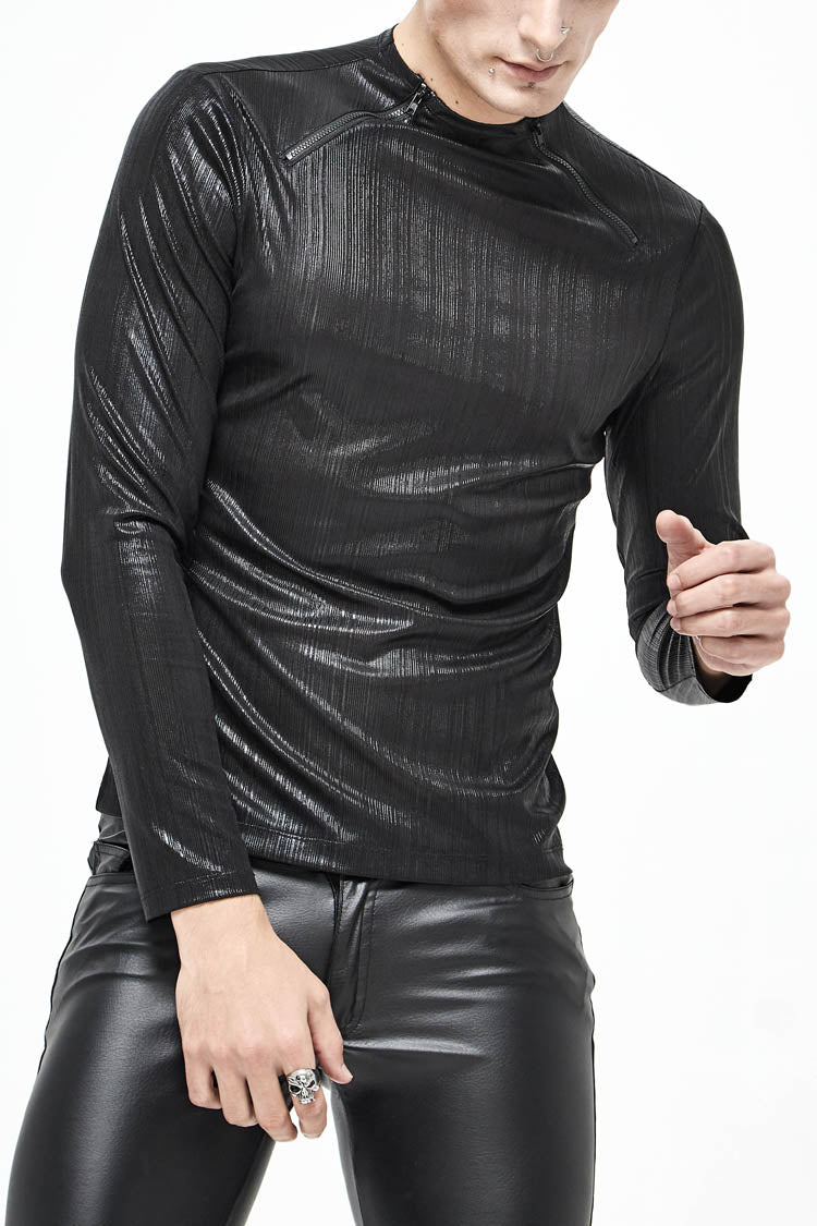 Black Zipper Neckline Long Sleeves Slim Mens Steampunk Top