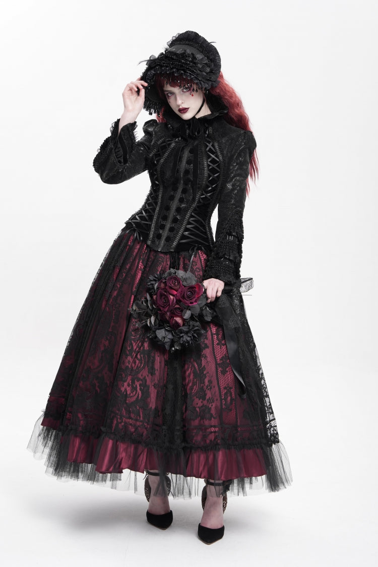 Black Lapel Collar Long Trumpet Sleeves Ruffle Lace-Up Zipper Women's Gothic Jacket