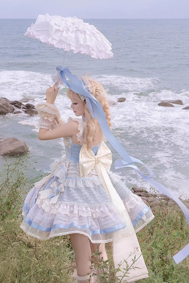 Blue [Moonstone] Sleeveless Ruffle Embroidery Bowknot Lace Fishbone Sweet Princess Lolita Dress