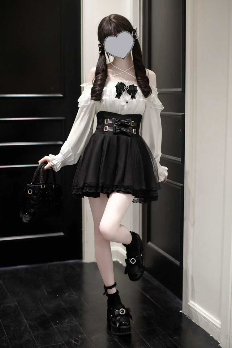 Black Solid Color Bowknot Sweet Jirai Kei Japanese Skirt