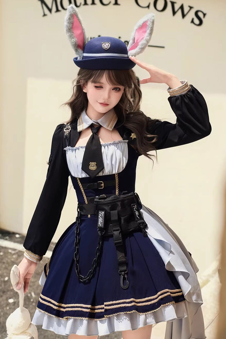 ブルー【うさぎ警察官】フリルリボンアシンメトリーカレッジ風ハンサムロリータJSKワンピース