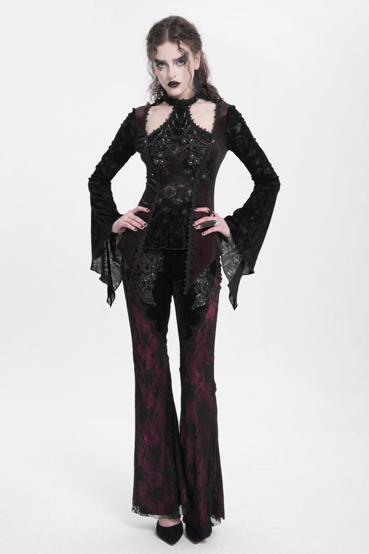 Red Floral Embroidery Stitching Lace Women's Gothic Pants