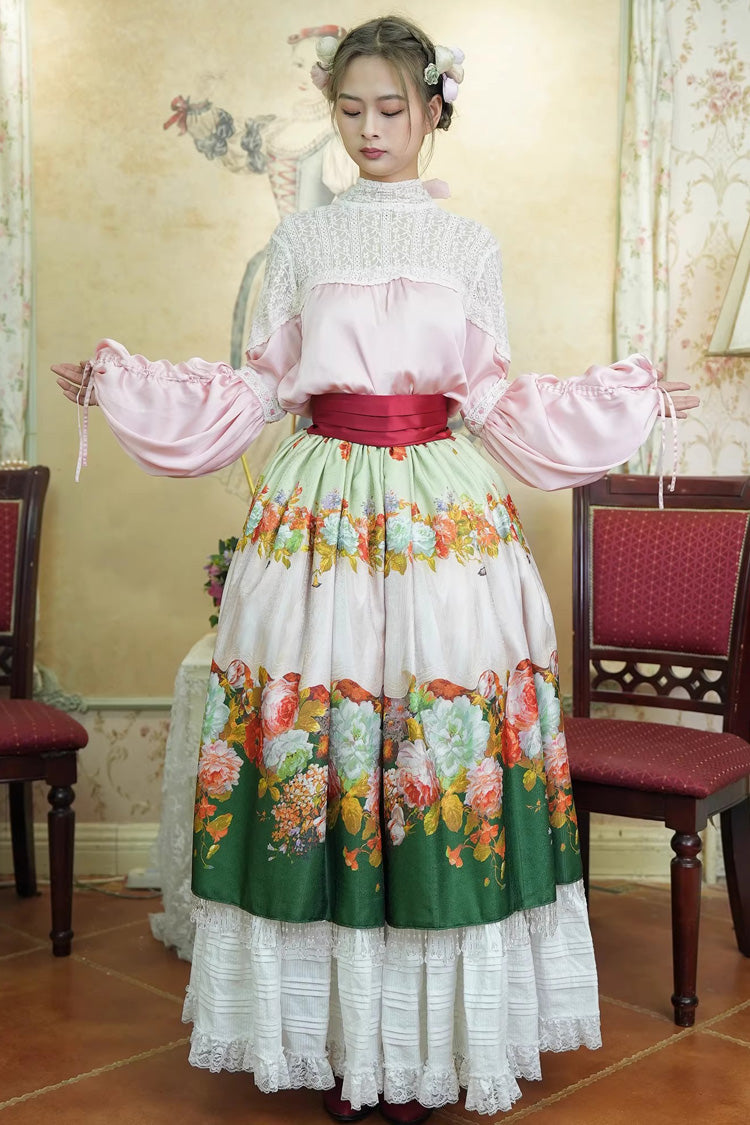 Green [Rainy Season Garden] Print Ruffle Sweet Classic Lolita Skirt