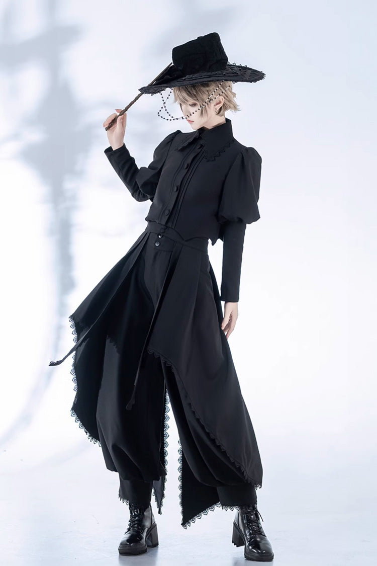 Black [The Wizard's Law] Lapel Collar Long Trumpet Sleeves Bow Ouji Fashion Gothic Vintage Lolita Pants Coat Set