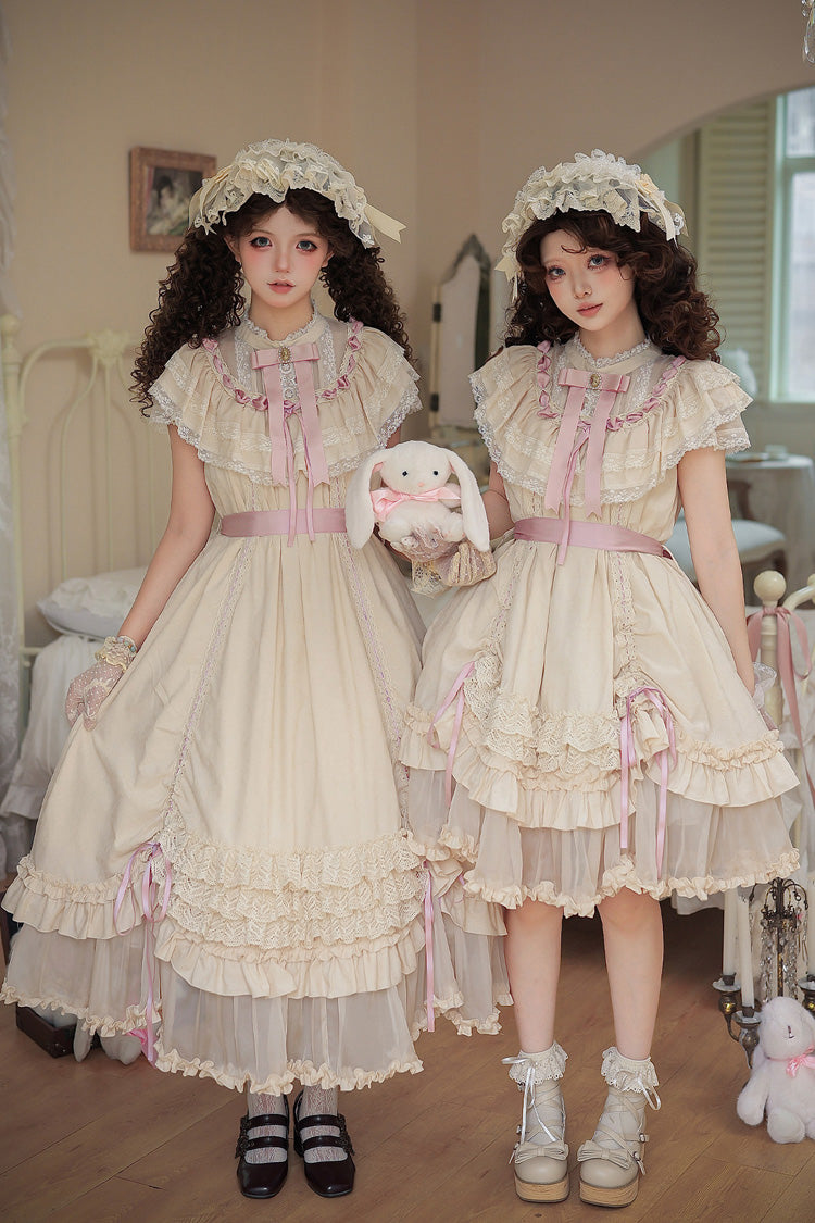 Abricot [Lily's Dream] Col montant Manches courtes Coupe ample semblable à une poupée Multi-couches à volants avec nœud en dentelle Robe Lolita douce 2 versions