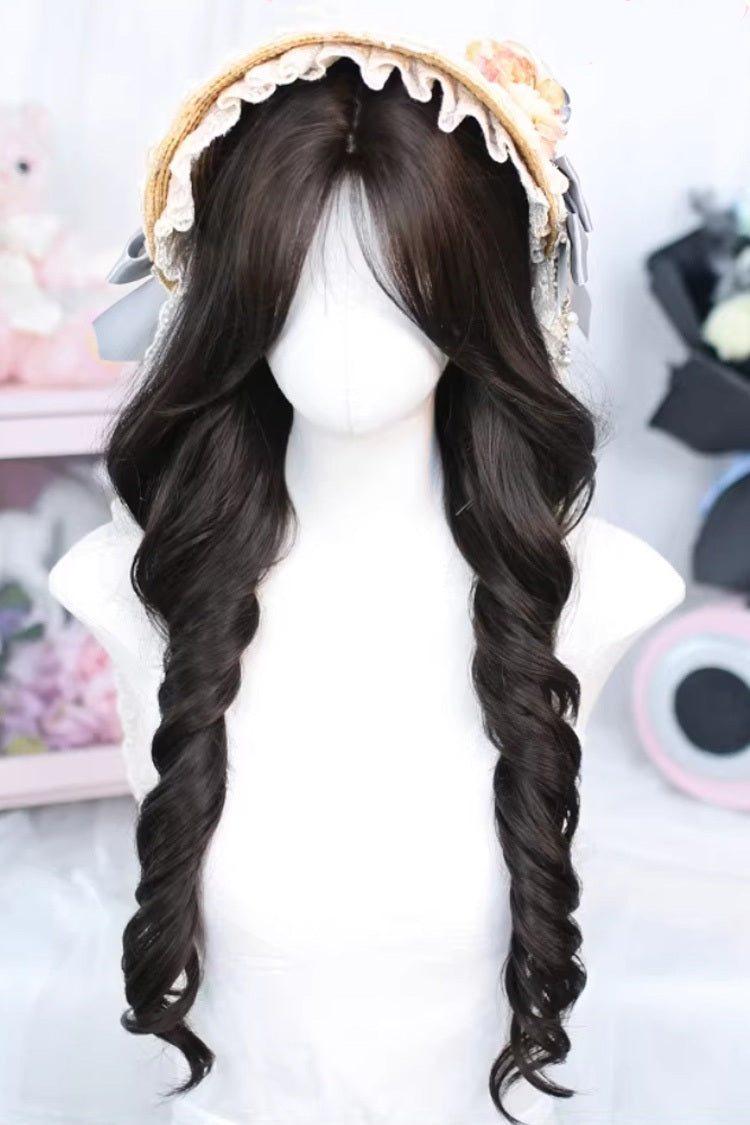 Schwarzteebraune lange lockige Perücke mit leichtem, zartem Pony im süßen Lolita-Stil