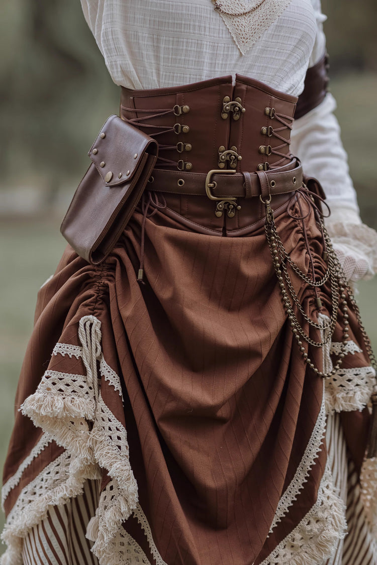 Brown Lace-Up Classic Vintage Leather Waist Lolita Belt with Metal Horn Buckle