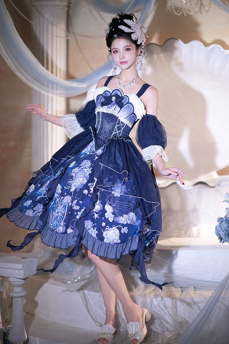 Blaues [Tiefseequallen] Print Rüschenspitze Süßes Elegantes Lolita Jsk Kleid