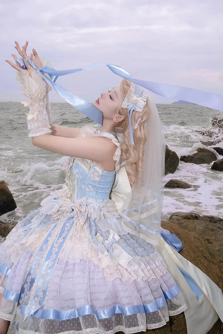 Blue [Moonstone] Sleeveless Ruffle Embroidery Bowknot Lace Fishbone Sweet Princess Lolita Dress