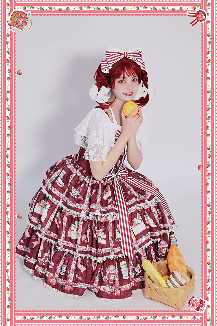 Strawberry Afternoon Tea Cake Ice Cream Print Bowknot Sleeveless Sweet Lolita Tiered Dress 3 Colors