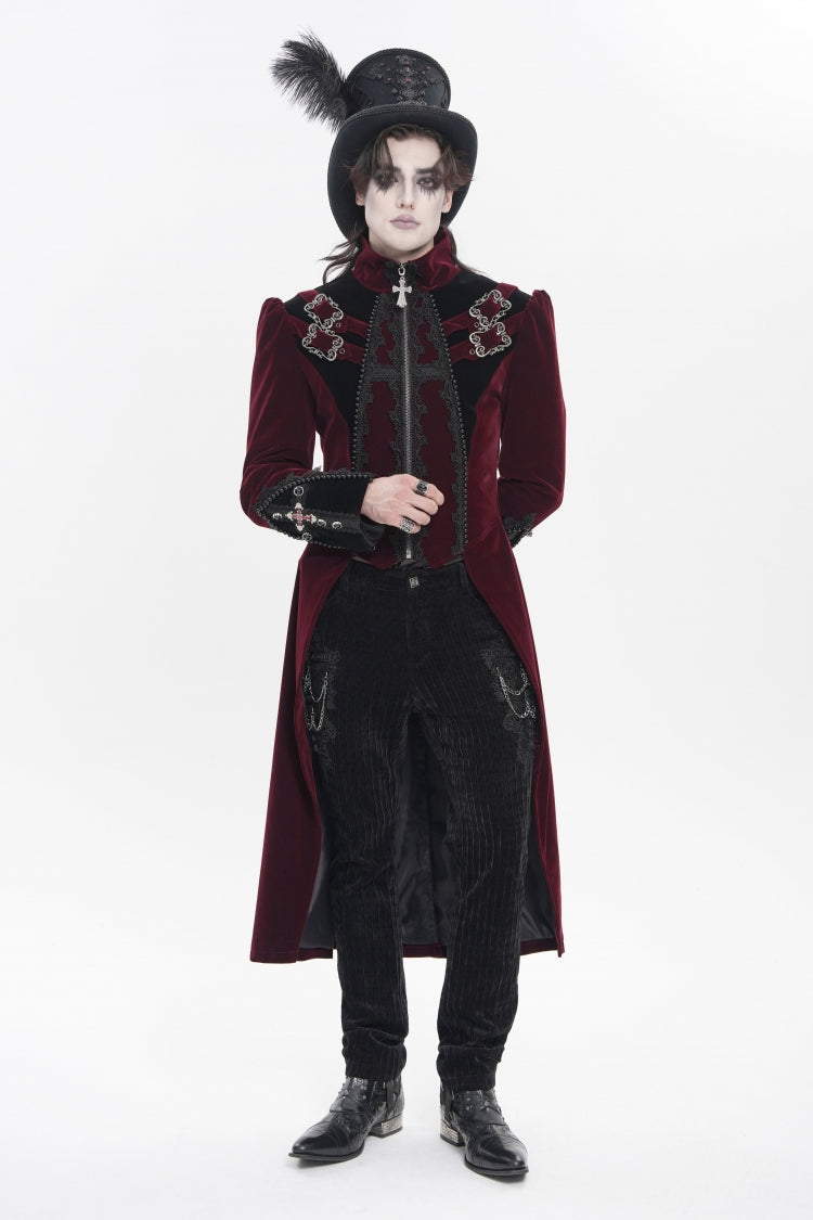 Veste de palais gothique pour hommes, col montant rouge, manches longues, brodée, couleur bloquée, boucle, fermeture éclair