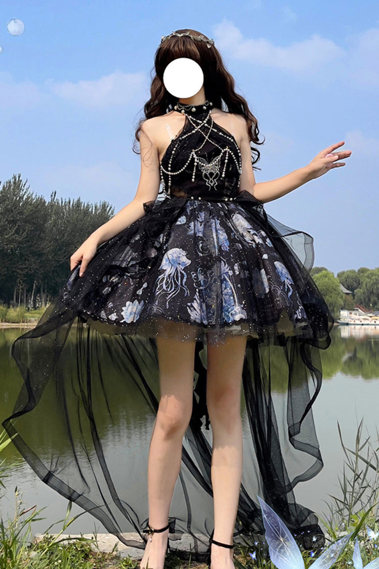 Blue [Deep Sea Jellyfish] Halterneck Sleeveless Print Embroidery Bowknot Lace Sweet Elegant Lolita Jsk Dress