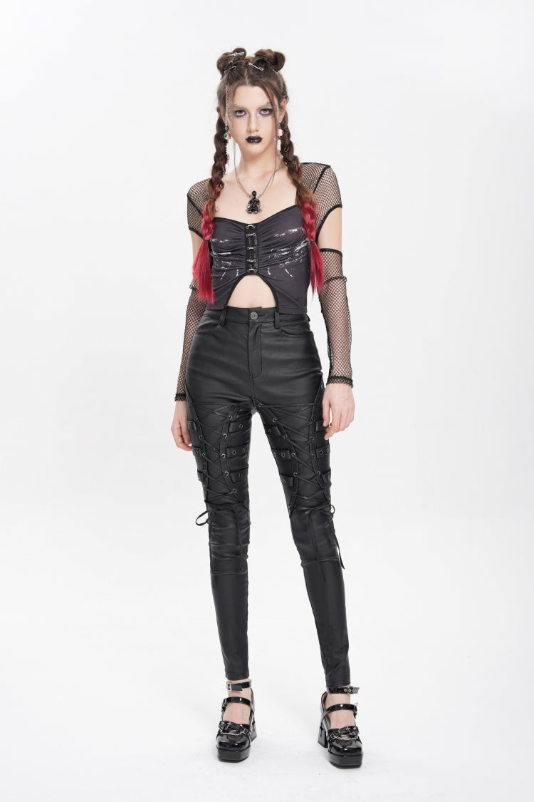 Black Lace-Up Eyelet Straps Women's Punk Pants