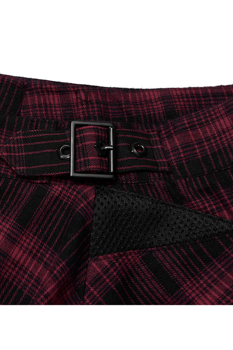 Red Chiffon Plaid Large-Hole Mesh Stitching V-Word Segmentation Design Sun-Hem Women's Punk Skirt