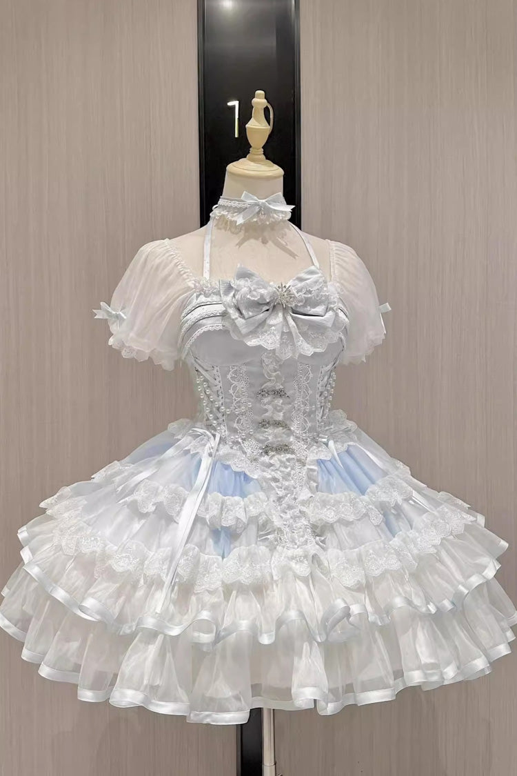 White/Blue [Ice Dance] Short Sleeves Multi-Layered Ruffle Embroidery Bowknot Lace Sweet Lolita Dress